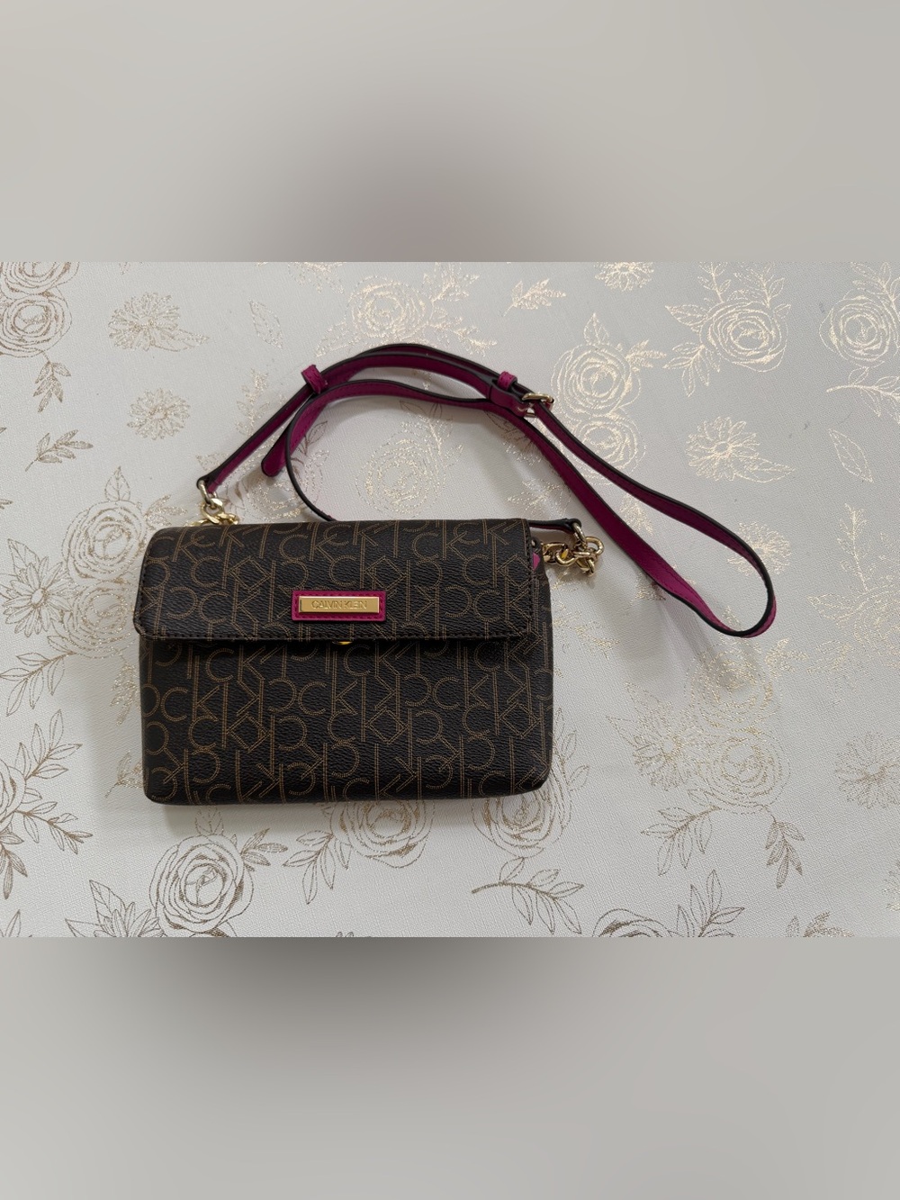Calvin Klein Signature Monogram Crossbody Bag with Magenta Trim